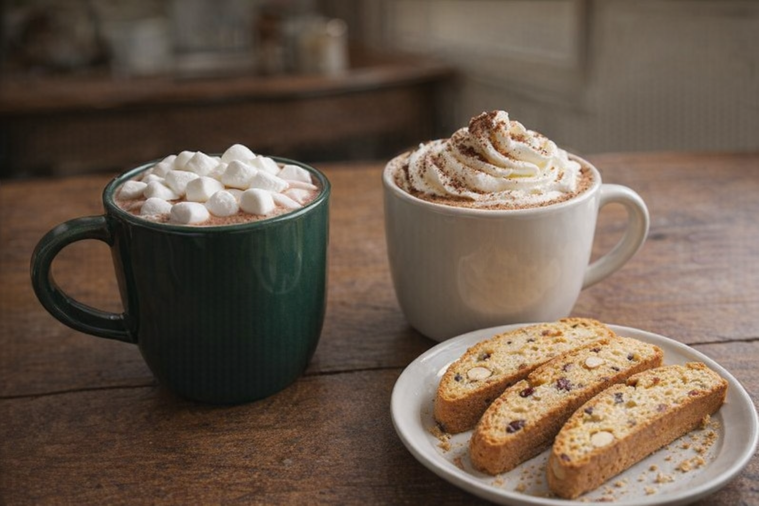 Two mugs of hot chocolate, one topped with marshmallows and the other with whipped cream and a dusting of cocoa, served with a plate of biscotti on a rustic wooden table
